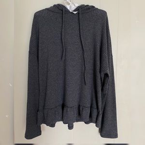 Lauren Conrad Metallic Waffle Knit Hooded Long Sleeve Top with Ruffled Hem, Gray